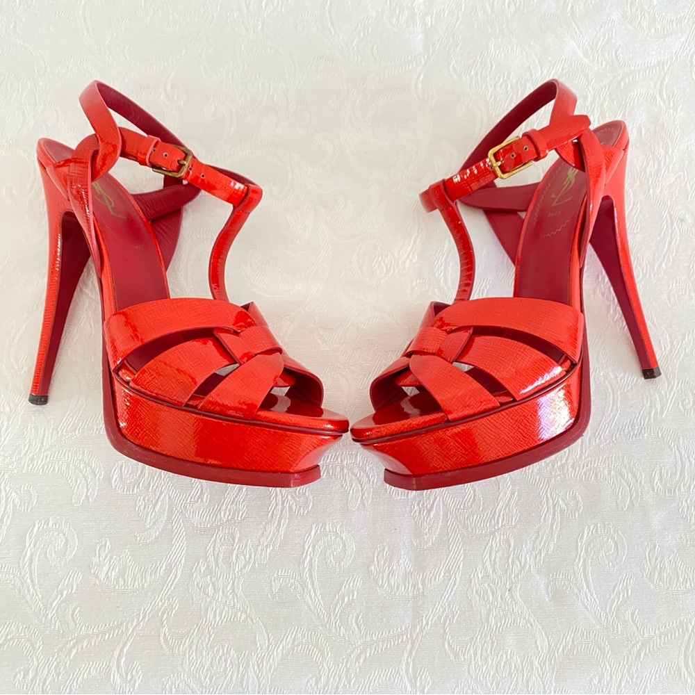 Saint Laurent coral red Tribute Patent Leather Platform Sandals
